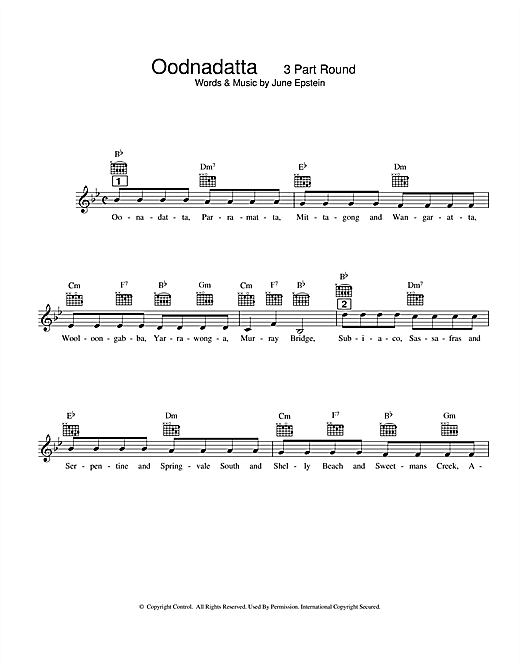 Learn to play June Epstein Oodnadatta sheet music for Melody Line, Lyrics & Chords in minutes. June Epstein Oodnadatta sheet music preview music notes and score for Melody Line, Lyrics & Chords including 2 page(s)