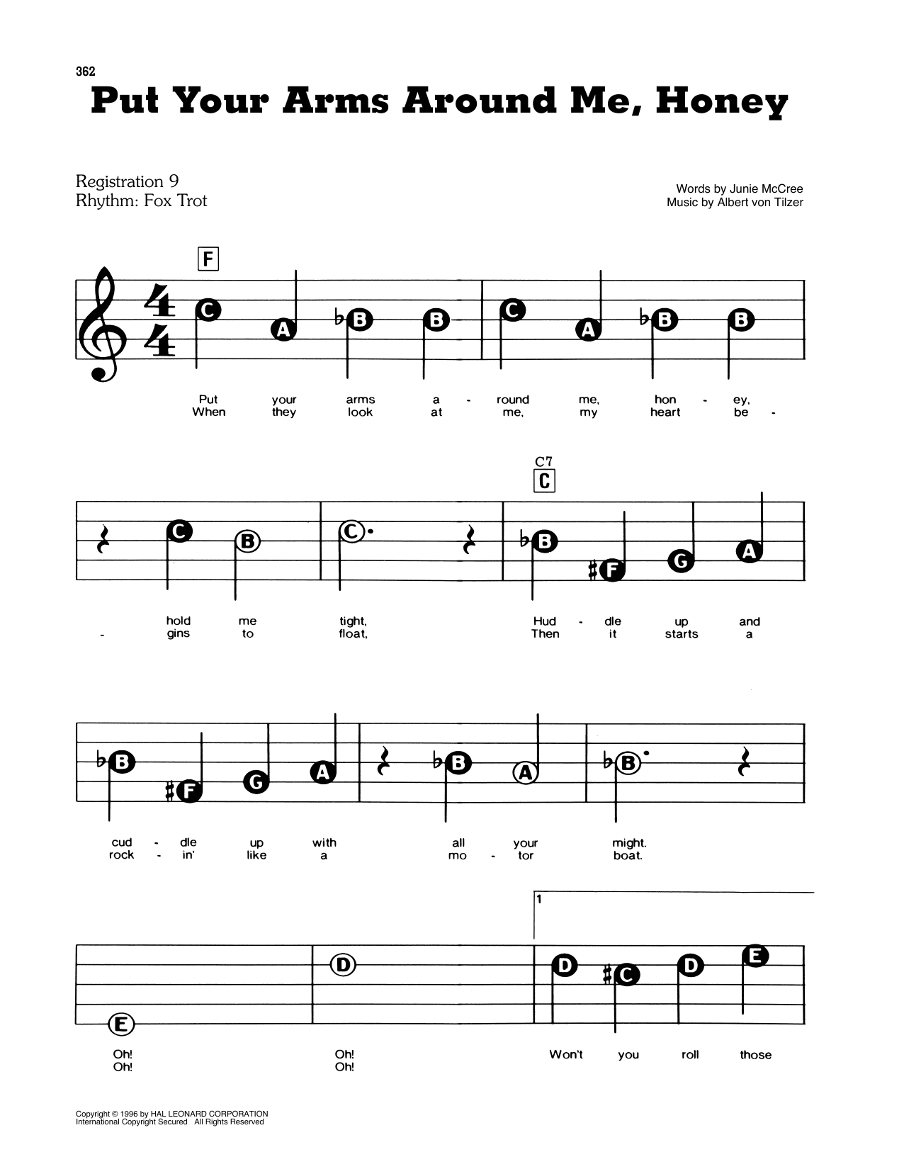 Junie McCree and Albert von Tilzer Put Your Arms Around Me, Honey sheet music preview music notes and score for E-Z Play Today including 2 page(s)
