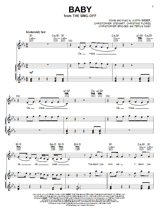Learn to play Justin Bieber Baby (feat. Ludacris) sheet music for Piano, Vocal & Guitar (Right-Hand Melody) in minutes. Justin Bieber Baby (feat. Ludacris) sheet music preview music notes and score for Piano, Vocal & Guitar (Right-Hand Melody) including 9 page(s)