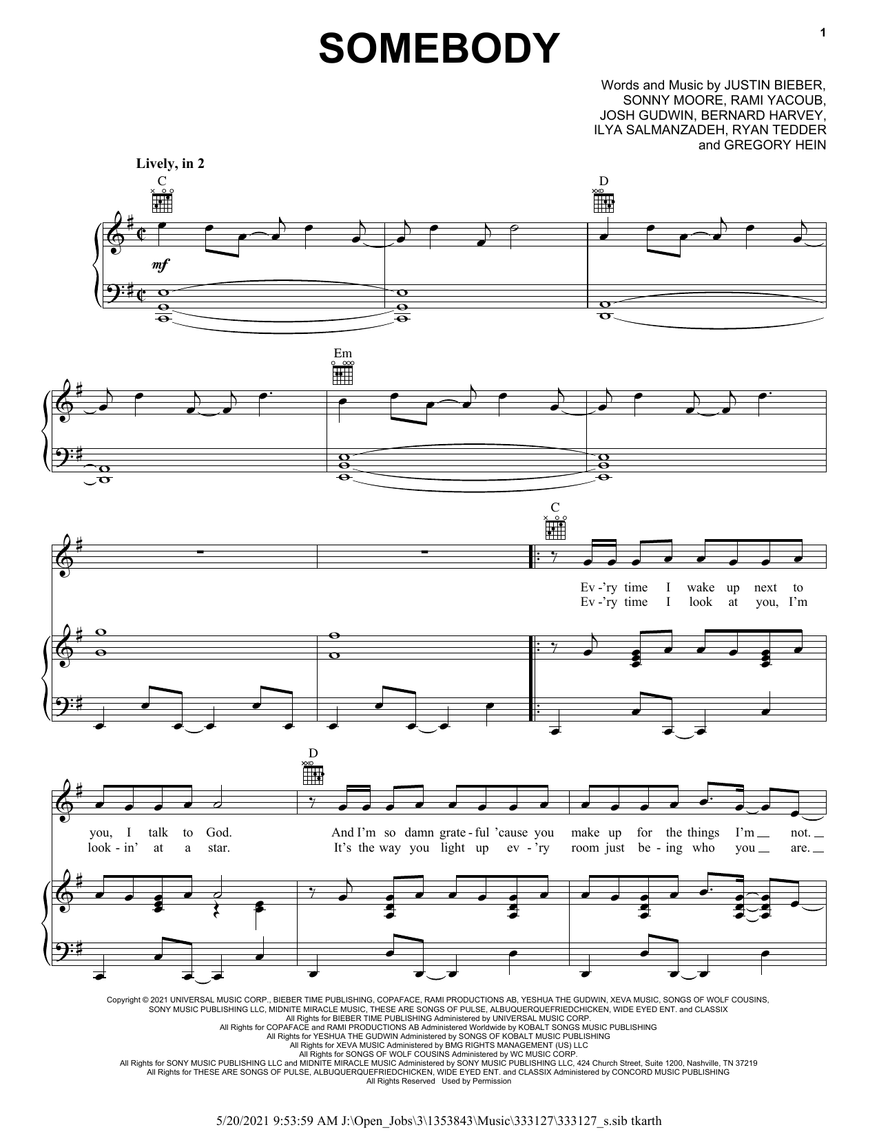 Learn to play Justin Bieber Somebody sheet music for Piano, Vocal & Guitar (Right-Hand Melody) in minutes. Justin Bieber Somebody sheet music preview music notes and score for Piano, Vocal & Guitar (Right-Hand Melody) including 5 page(s)