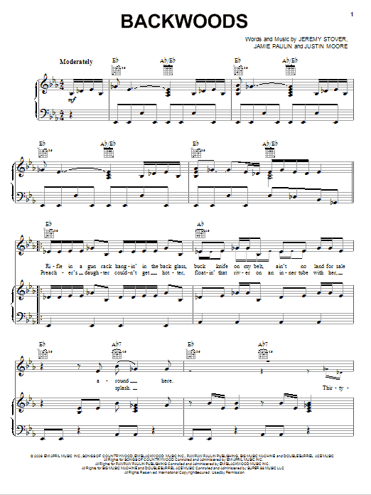 Learn to play Justin Moore Backwoods sheet music for Piano, Vocal & Guitar (Right-Hand Melody) in minutes. Justin Moore Backwoods sheet music preview music notes and score for Piano, Vocal & Guitar (Right-Hand Melody) including 4 page(s)