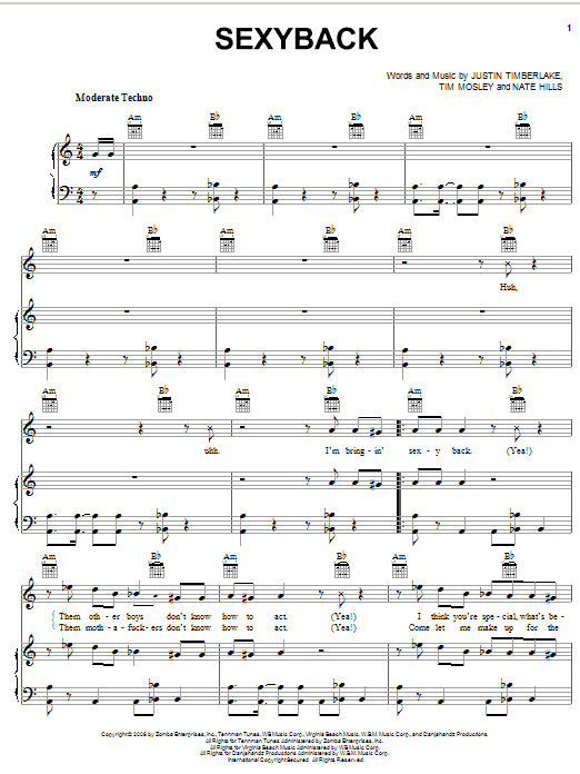 Learn to play Justin Timberlake SexyBack sheet music for Piano, Vocal & Guitar (Right-Hand Melody) in minutes. Justin Timberlake SexyBack sheet music notes and chords