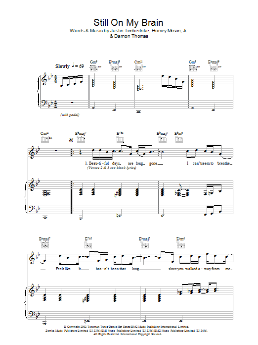 Justin Timberlake Still On My Brain sheet music preview music notes and score for Piano, Vocal & Guitar (Right-Hand Melody) including 7 page(s)
