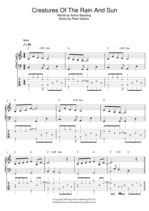 Justine Clarke Creatures of the Rain and Sun sheet music, chords, lyrics - Printable PDF for Easy Piano & Guitar Tab