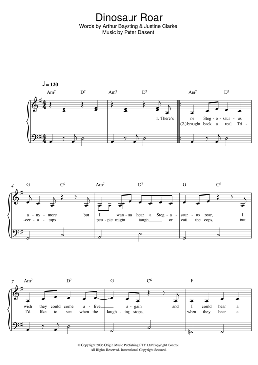 Justine Clarke Dinosaur Roar sheet music, chords, lyrics - Printable PDF for Beginner Piano