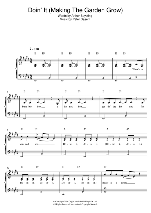 Justine Clarke Doin' It (Making the Garden Grow) sheet music, chords, lyrics - Printable PDF for Beginner Piano