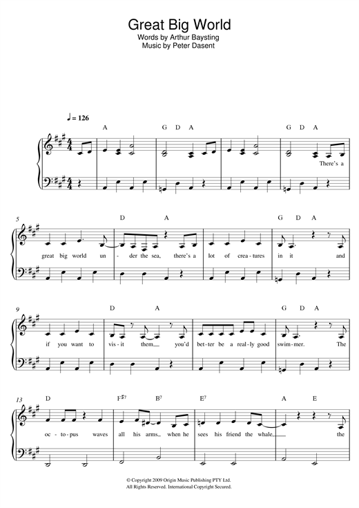Justine Clarke Great Big World sheet music, chords, lyrics - Printable PDF for Beginner Piano