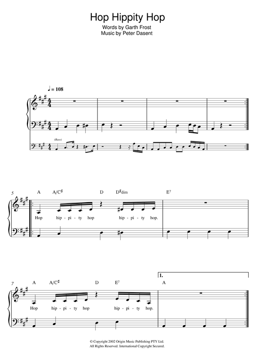 Justine Clarke Hop Hippity Hop sheet music, chords, lyrics - Printable PDF for Beginner Piano