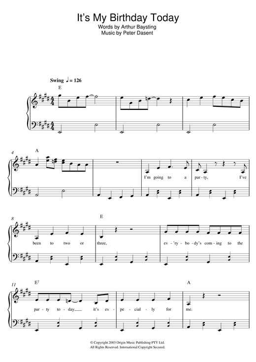 Justine Clarke It's My Birthday Today sheet music, chords, lyrics - Printable PDF for Beginner Piano