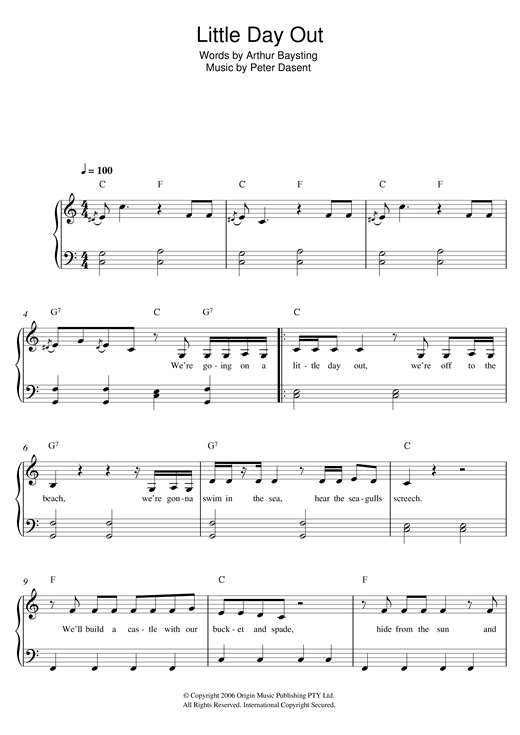 Justine Clarke Little Day Out sheet music, chords, lyrics - Printable PDF for Beginner Piano
