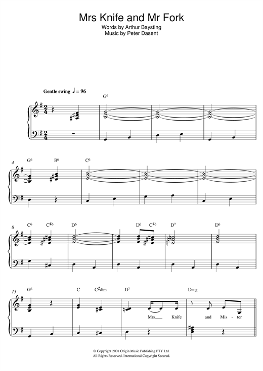 Justine Clarke Mrs Knife and Mr Fork sheet music, chords, lyrics - Printable PDF for Beginner Piano