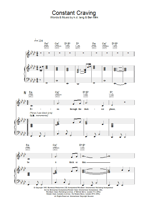 Learn to play k.d. lang Constant Craving sheet music for Lyrics & Chords in minutes. k.d. lang Constant Craving sheet music preview music notes and score for Lyrics & Chords including 2 page(s)