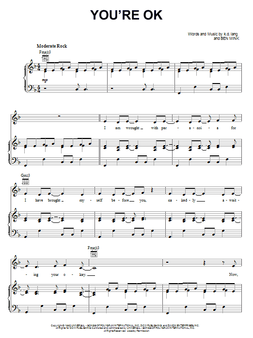 Learn to play k.d. lang You're OK sheet music for Piano, Vocal & Guitar (Right-Hand Melody) in minutes. k.d. lang You're OK sheet music preview music notes and score for Piano, Vocal & Guitar (Right-Hand Melody) including 5 page(s)