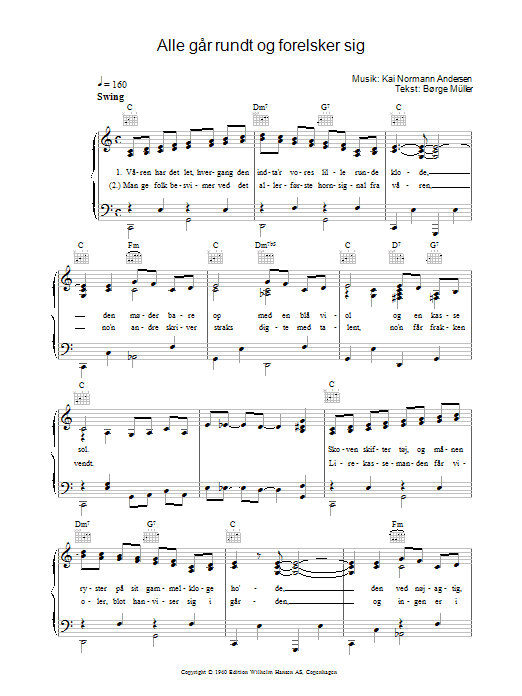 Kai Normann Andersen Alle Går Rundt Og Forelsker Sig sheet music, chords, lyrics - Printable PDF for Piano, Vocal & Guitar (Right-Hand Melody)