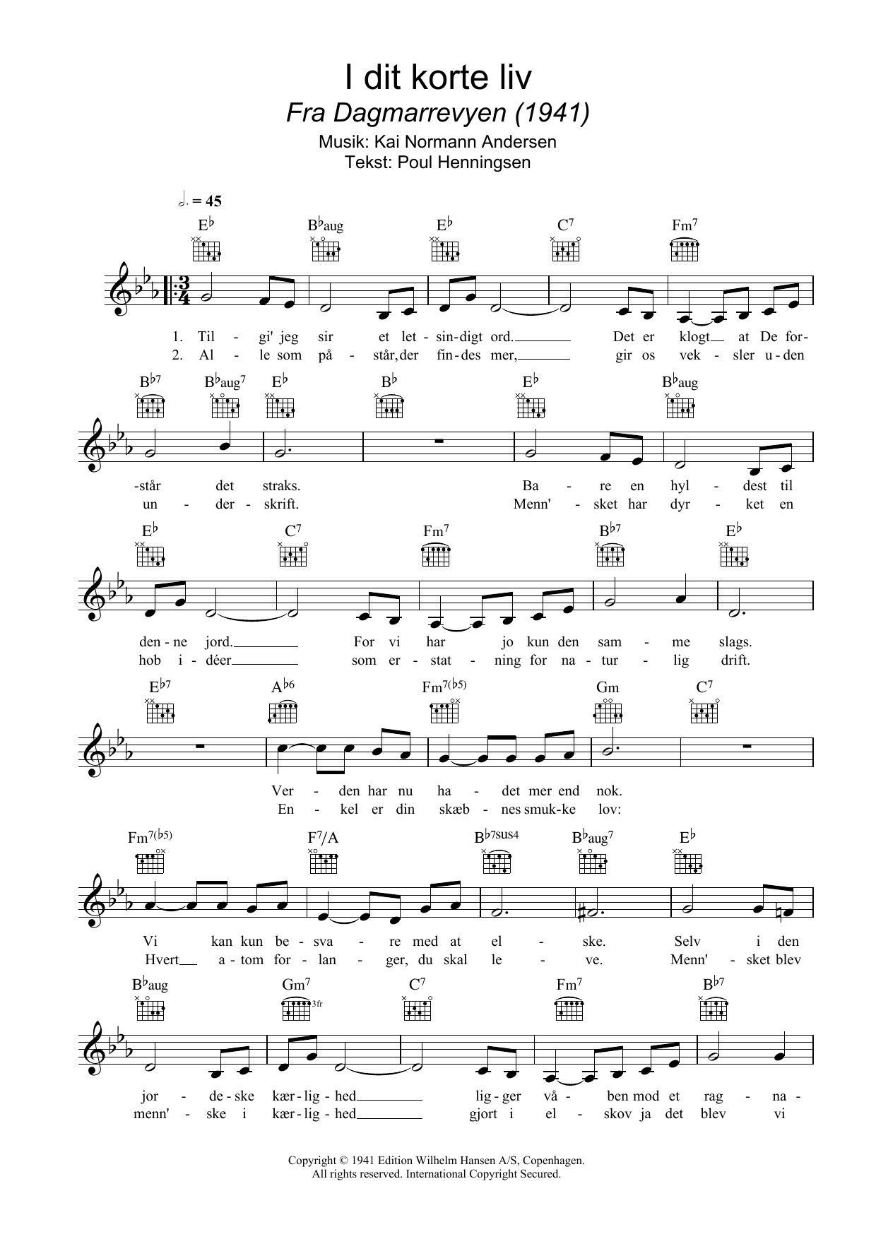 Kai Normann Andersen I Dit Korte Liv sheet music, chords, lyrics - Printable PDF for Melody Line, Lyrics & Chords