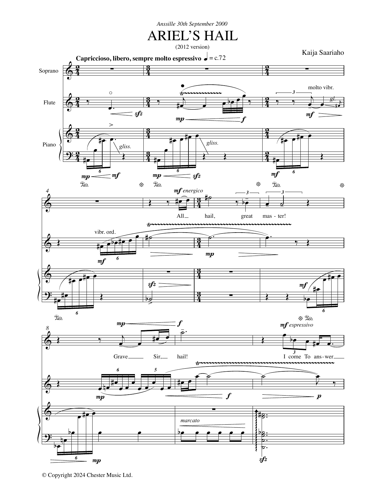 Kaija Saariaho Ariel's Hail (for Soprano, Flute, and Piano) sheet music, chords, lyrics - Printable PDF for Piano & Vocal