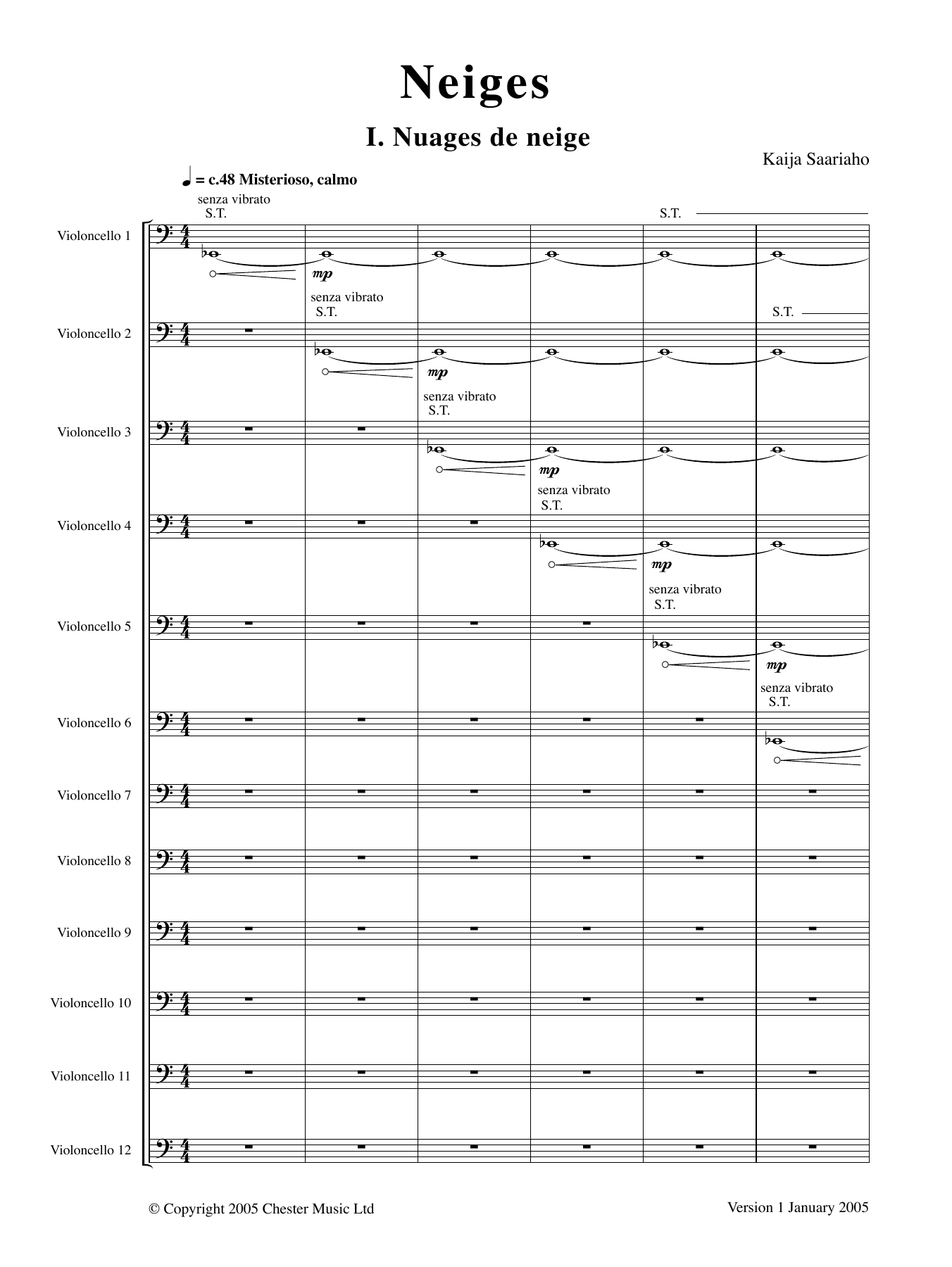 Kaija Saariaho Neiges (Version for twelve cellists) sheet music, chords, lyrics - Printable PDF for String Ensemble