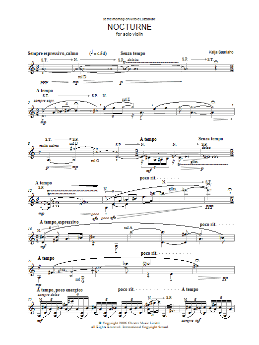 Kaija Saariaho Nocturne (for Solo Violin) sheet music preview music notes and score for Melody Line, Lyrics & Chords including 2 page(s)