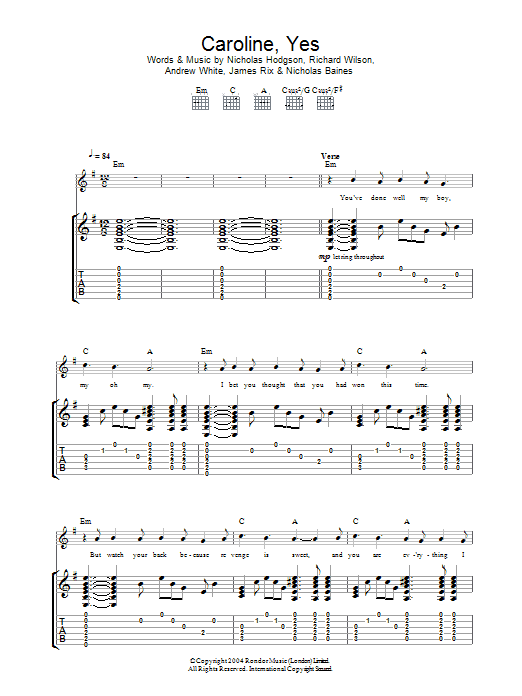 Kaiser Chiefs Caroline, Yes sheet music preview music notes and score for Guitar Tab including 8 page(s)