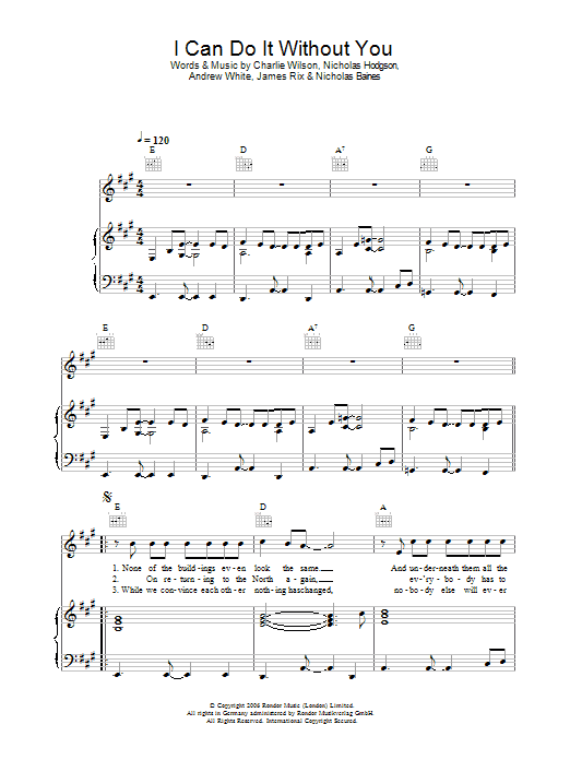 Kaiser Chiefs I Can Do It Without You sheet music preview music notes and score for Piano, Vocal & Guitar including 5 page(s)