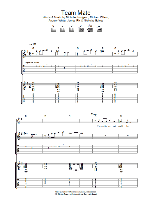Kaiser Chiefs Team Mate sheet music preview music notes and score for Guitar Tab including 5 page(s)