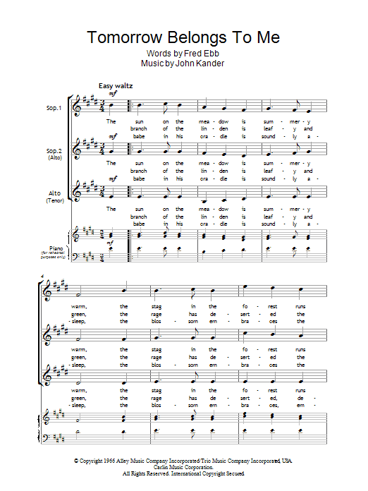 Kander & Ebb Tomorrow Belongs To Me (from Cabaret) sheet music, chords, lyrics - Printable PDF for SSA