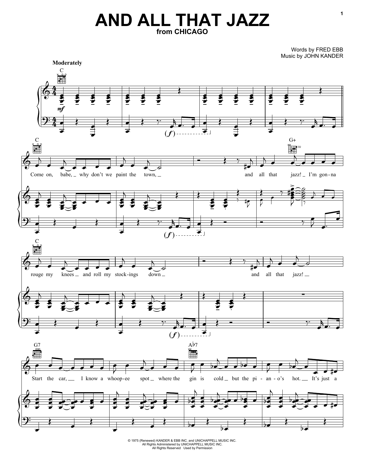Kander & Ebb And All That Jazz sheet music preview music notes and score for Piano, Vocal & Guitar (Right-Hand Melody) including 6 page(s)
