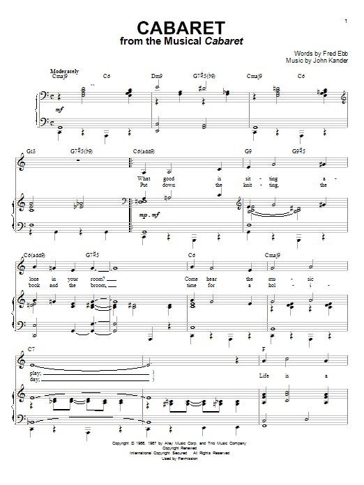 Learn to play Kander & Ebb Cabaret sheet music for Piano, Vocal & Guitar (Right-Hand Melody) in minutes. Kander & Ebb Cabaret sheet music preview music notes and score for Piano, Vocal & Guitar (Right-Hand Melody) including 4 page(s)