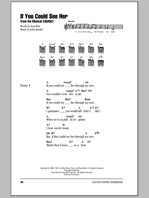 Learn to play Kander & Ebb If You Could See Her sheet music for Lyrics & Chords in minutes. Kander & Ebb If You Could See Her sheet music preview music notes and score for Lyrics & Chords including 2 page(s)