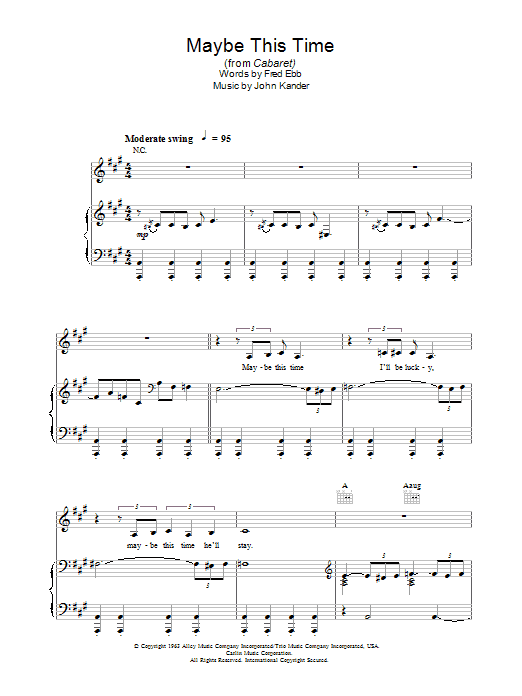 Learn to play Liza Minnelli Maybe This Time (from Cabaret) sheet music for Piano, Vocal & Guitar in minutes. Liza Minnelli Maybe This Time (from Cabaret) sheet music preview music notes and score for Piano, Vocal & Guitar including 5 page(s)