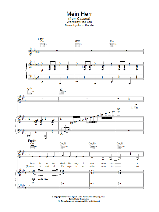 Learn to play Liza Minnelli Mein Herr (from Cabaret) sheet music for Piano, Vocal & Guitar in minutes. Liza Minnelli Mein Herr (from Cabaret) sheet music preview music notes and score for Piano, Vocal & Guitar including 8 page(s)