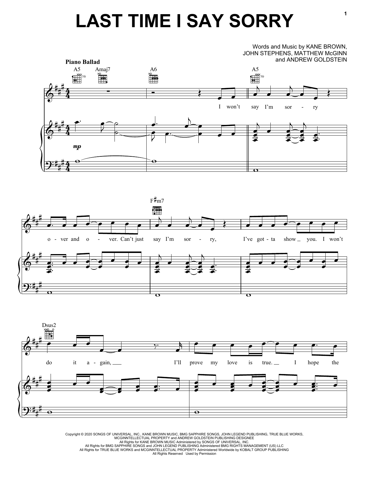 Kane Brown & John Legend Last Time I Say Sorry sheet music, chords, lyrics - Printable PDF for Piano, Vocal & Guitar (Right-Hand Melody)