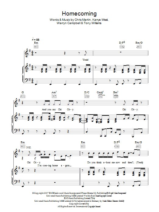 Learn to play Kanye West Homecoming (feat. Chris Martin) sheet music for Piano, Vocal & Guitar in minutes. Kanye West Homecoming (feat. Chris Martin) sheet music preview music notes and score for Piano, Vocal & Guitar including 7 page(s)