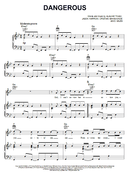 Kardinal Offishall Dangerous (feat. Akon) sheet music preview music notes and score for Piano, Vocal & Guitar (Right-Hand Melody) including 7 page(s)