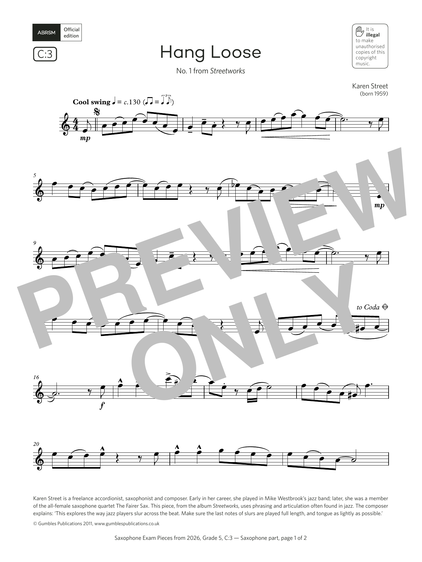 Karen Street Hang Loose (Grade 5, list C3, from the ABRSM Saxophone Syllabus from 2026) sheet music, chords, lyrics - Printable PDF for Alto Sax Solo