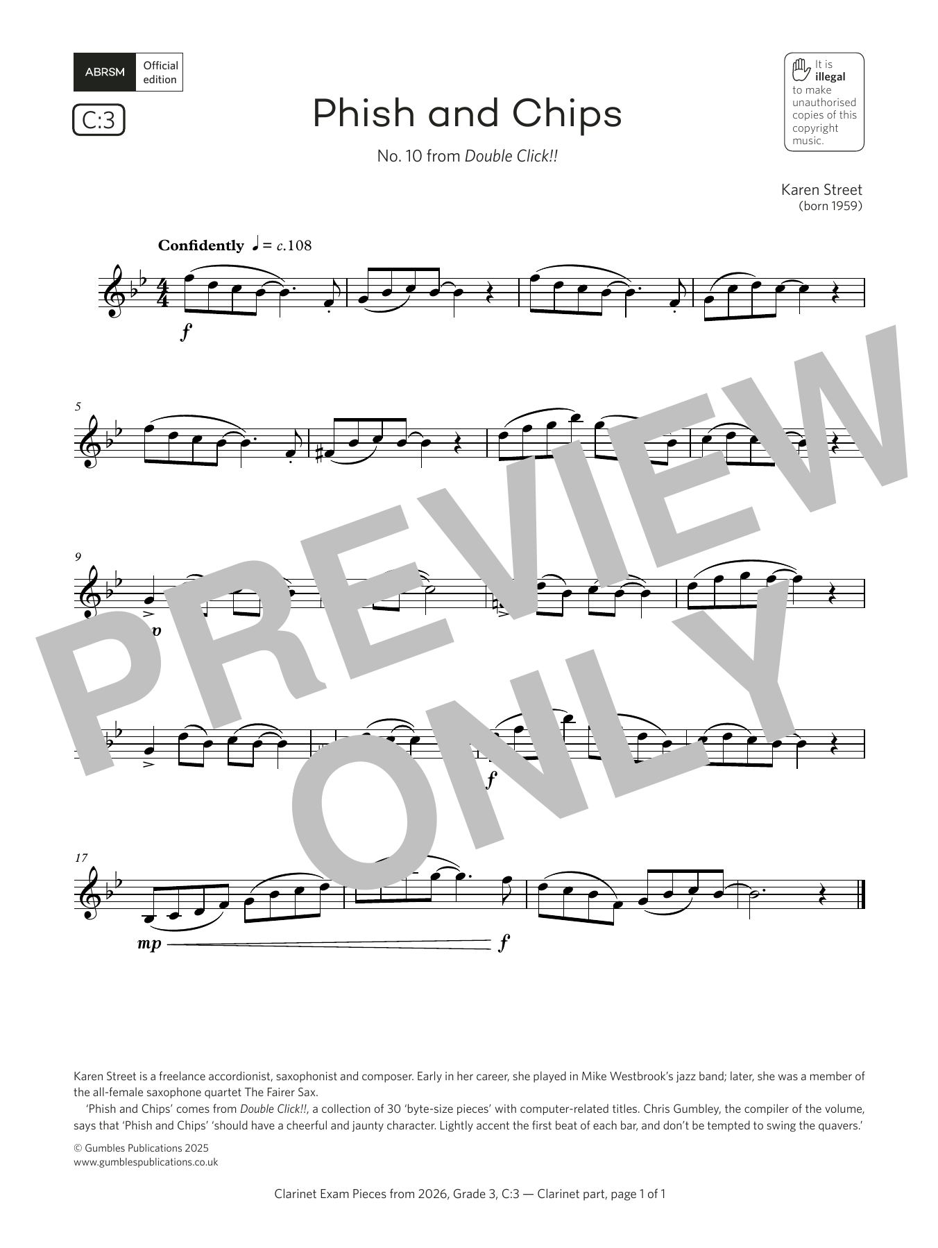 Karen Street Phish and Chips (Grade 3, list C3, from the ABRSM Clarinet Syllabus from 2026) sheet music, chords, lyrics - Printable PDF for Clarinet Solo