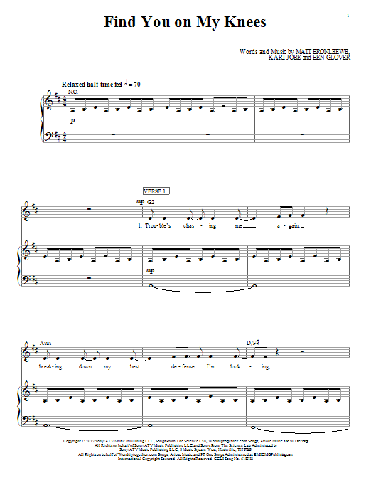 Learn to play Kari Jobe Find You On My Knees sheet music for Piano, Vocal & Guitar (Right-Hand Melody) in minutes. Kari Jobe Find You On My Knees sheet music preview music notes and score for Piano, Vocal & Guitar (Right-Hand Melody) including 8 page(s)