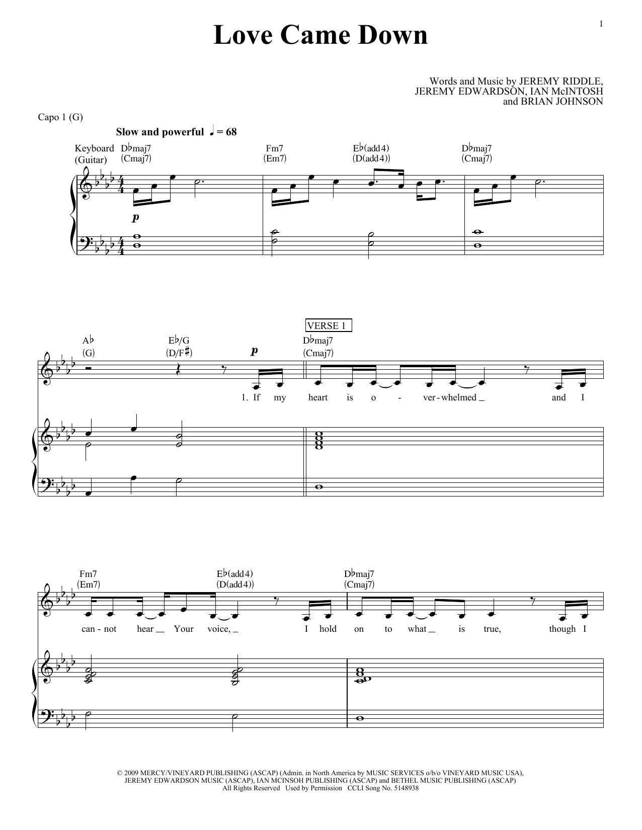 Kari Jobe Love Came Down sheet music preview music notes and score for Piano, Vocal & Guitar (Right-Hand Melody) including 9 page(s)