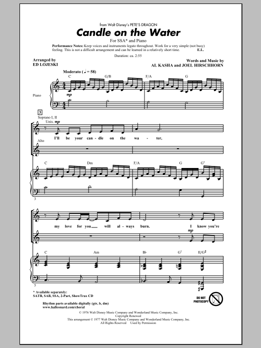 Learn to play Kasha & Hirschhorn Candle On The Water (arr. Ed Lojeski) sheet music for 2-Part Choir in minutes. Kasha & Hirschhorn Candle On The Water (arr. Ed Lojeski) sheet music preview music notes and score for 2-Part Choir including 8 page(s)