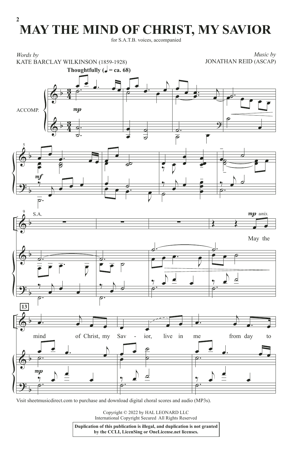 Kate Barclay Wilkinson and Jonathan Reid May The Mind Of Christ, My Savior sheet music, chords, lyrics - Printable PDF for SATB Choir