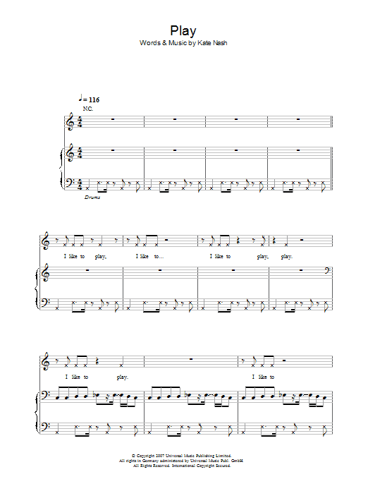 Download Kate Nash Play sheet music notes and chords for Piano, Vocal & Guitar - Download Printable PDF and start playing in minutes.