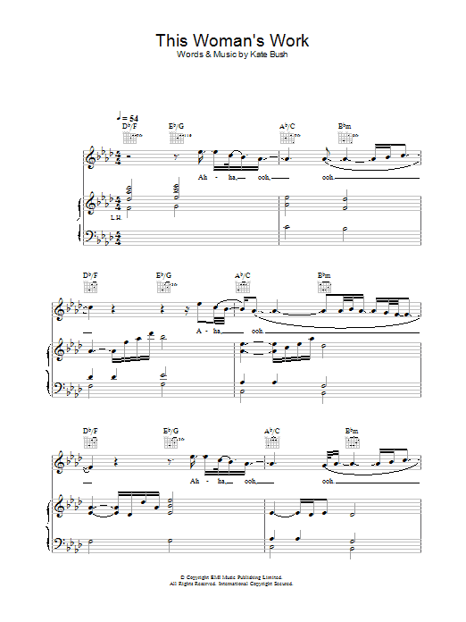 Learn to play Kate Bush This Woman's Work (from She's Having A Baby) sheet music for Piano, Vocal & Guitar in minutes. Kate Bush This Woman's Work (from She's Having A Baby) sheet music preview music notes and score for Piano, Vocal & Guitar including 7 page(s)