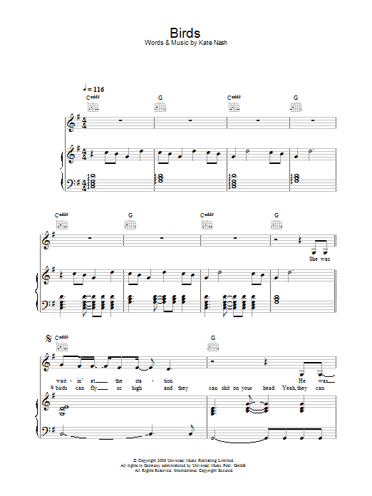 Learn to play Kate Nash Birds sheet music for Piano, Vocal & Guitar in minutes. Kate Nash Birds sheet music preview music notes and score for Piano, Vocal & Guitar including 7 page(s)