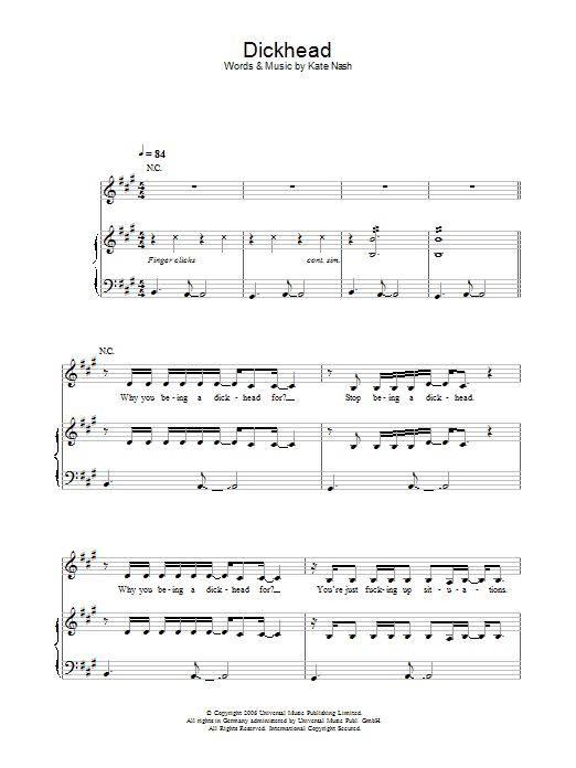 Learn to play Kate Nash Dickhead sheet music for Piano, Vocal & Guitar in minutes. Kate Nash Dickhead sheet music preview music notes and score for Piano, Vocal & Guitar including 5 page(s)