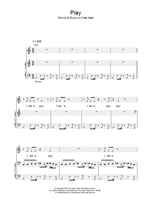 Learn to play Kate Nash Play sheet music for Piano, Vocal & Guitar in minutes. Kate Nash Play sheet music preview music notes and score for Piano, Vocal & Guitar including 3 page(s)