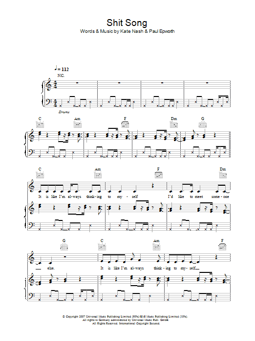 Learn to play Kate Nash Shit Song sheet music for Piano, Vocal & Guitar in minutes. Kate Nash Shit Song sheet music preview music notes and score for Piano, Vocal & Guitar including 6 page(s)
