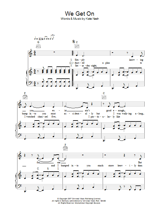 Learn to play Kate Nash We Get On sheet music for Piano, Vocal & Guitar in minutes. Kate Nash We Get On sheet music preview music notes and score for Piano, Vocal & Guitar including 7 page(s)