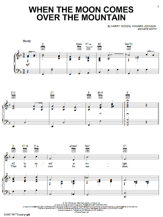 Learn to play Kate Smith When The Moon Comes Over The Mountain sheet music for Piano, Vocal & Guitar (Right-Hand Melody) in minutes. Kate Smith When The Moon Comes Over The Mountain sheet music preview music notes and score for Piano, Vocal & Guitar (Right-Hand Melody) including 4 page(s)