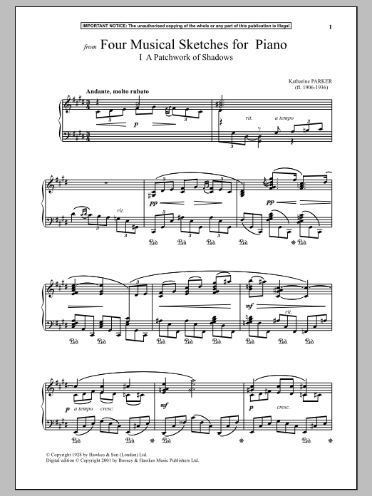 Katharine Parker Four Musical Sketches For Piano, A Patchwork Of Shadows sheet music, chords, lyrics - Printable PDF for Piano