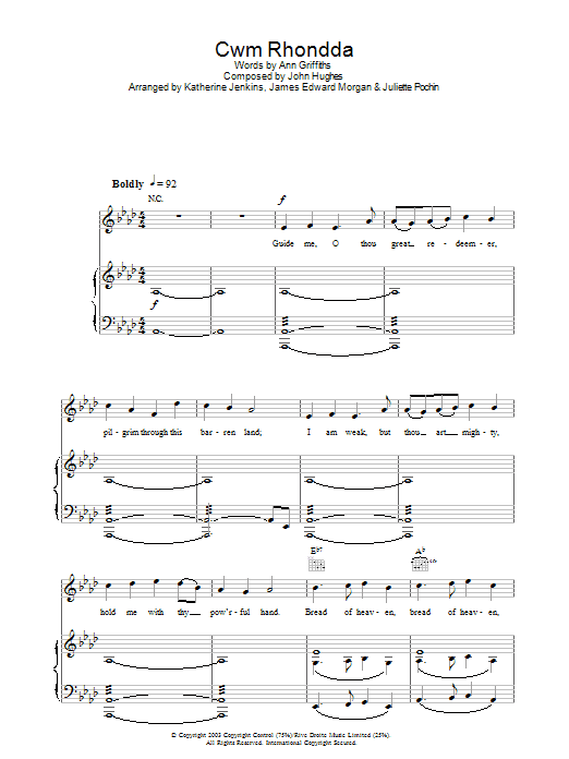 Katherine Jenkins Cwm Rhondda sheet music preview music notes and score for Piano, Vocal & Guitar including 4 page(s)
